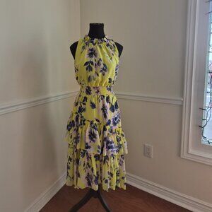 Eliza J Yellow Chiffon Dress with Blue Floral Print, Size 6